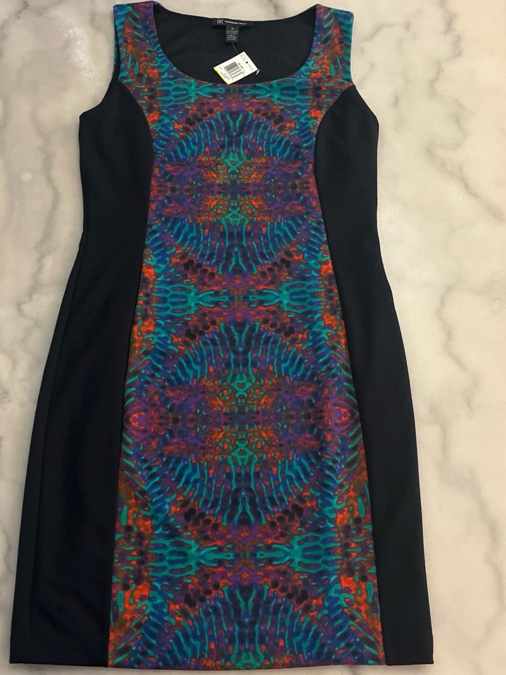 INC International Concepts Black Panel Dress with Multicolor Center Print